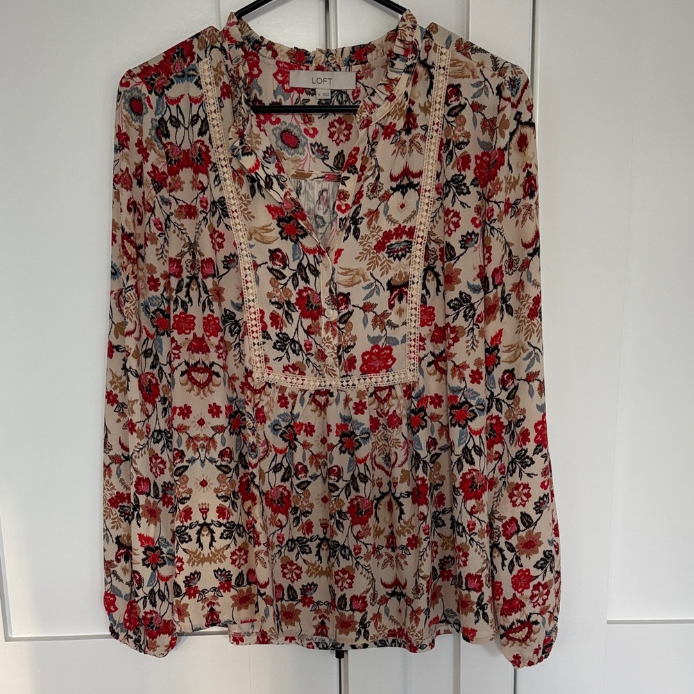 LOFT Floral Blouse - Red and Cream